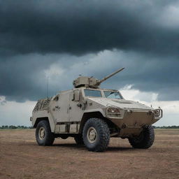 A heavily armored military vehicle, fitted with sophisticated anti-missile weaponry, parked on a battlefield under a brooding, stormy sky.