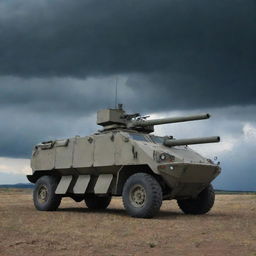 A heavily armored military vehicle, fitted with sophisticated anti-missile weaponry, parked on a battlefield under a brooding, stormy sky.