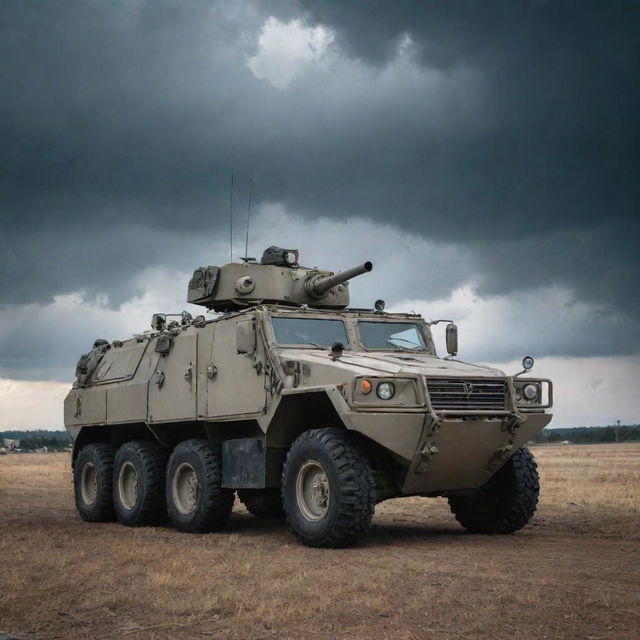 A heavily armored military vehicle, fitted with sophisticated anti-missile weaponry, parked on a battlefield under a brooding, stormy sky.