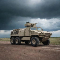 A heavily armored military vehicle, fitted with sophisticated anti-missile weaponry, parked on a battlefield under a brooding, stormy sky.