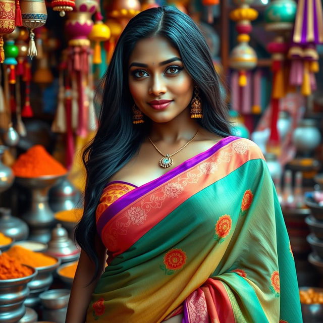 A stunning Indian woman with exceptionally large breasts, wearing a beautiful colorful traditional saree that accentuates her curves