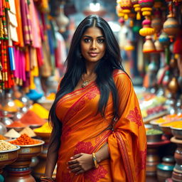 A stunning Indian woman with exceptionally large breasts, wearing a beautiful colorful traditional saree that accentuates her curves