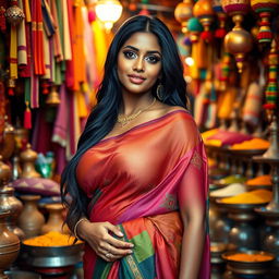 A stunning Indian woman with exceptionally large breasts, wearing a beautiful colorful traditional saree that accentuates her curves