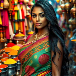 A stunning Indian woman with exceptionally large breasts, wearing a beautiful colorful traditional saree that accentuates her curves