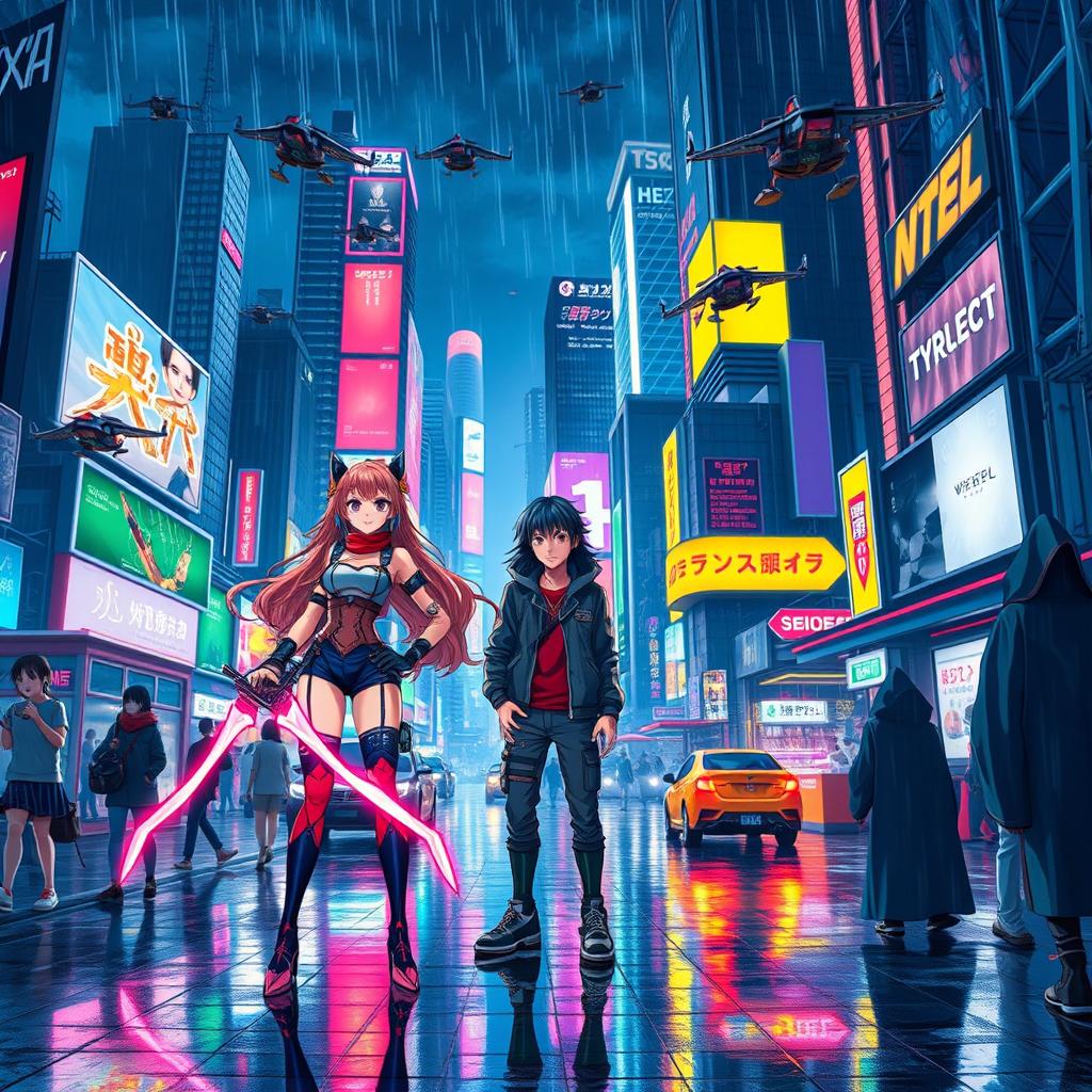 A vibrant and dynamic anime scene set in a bustling cyberpunk city at night