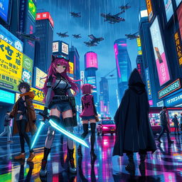 A vibrant and dynamic anime scene set in a bustling cyberpunk city at night