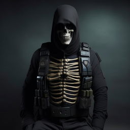 A kidnapper commander draped in a black suit styled like a skeleton, layered with a robust bullet-proof vest, showcasing an eerie and menacing presence.