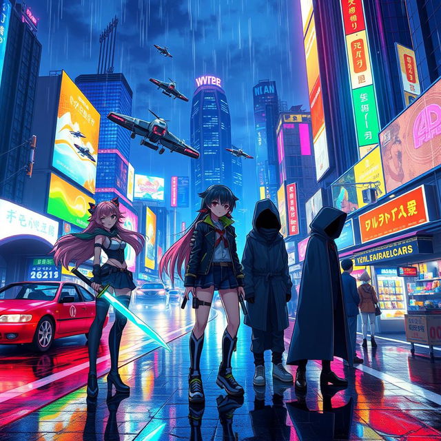 A vibrant and dynamic anime scene set in a bustling cyberpunk city at night