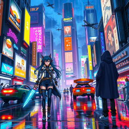 A vibrant and dynamic anime scene set in a bustling cyberpunk city at night