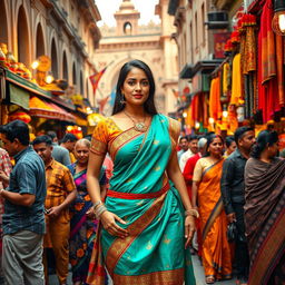 A vibrant and colorful street scene, depicting a bustling crowd in an Indian bazaar