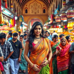 A vibrant and colorful street scene, depicting a bustling crowd in an Indian bazaar