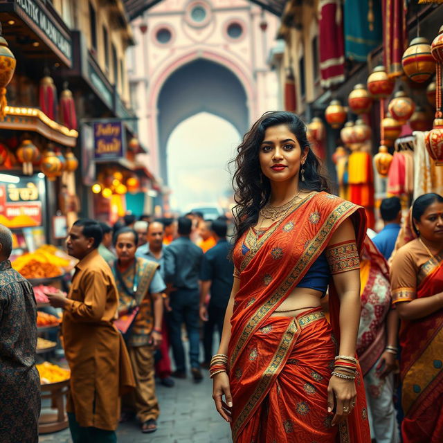 A vibrant and colorful street scene, depicting a bustling crowd in an Indian bazaar