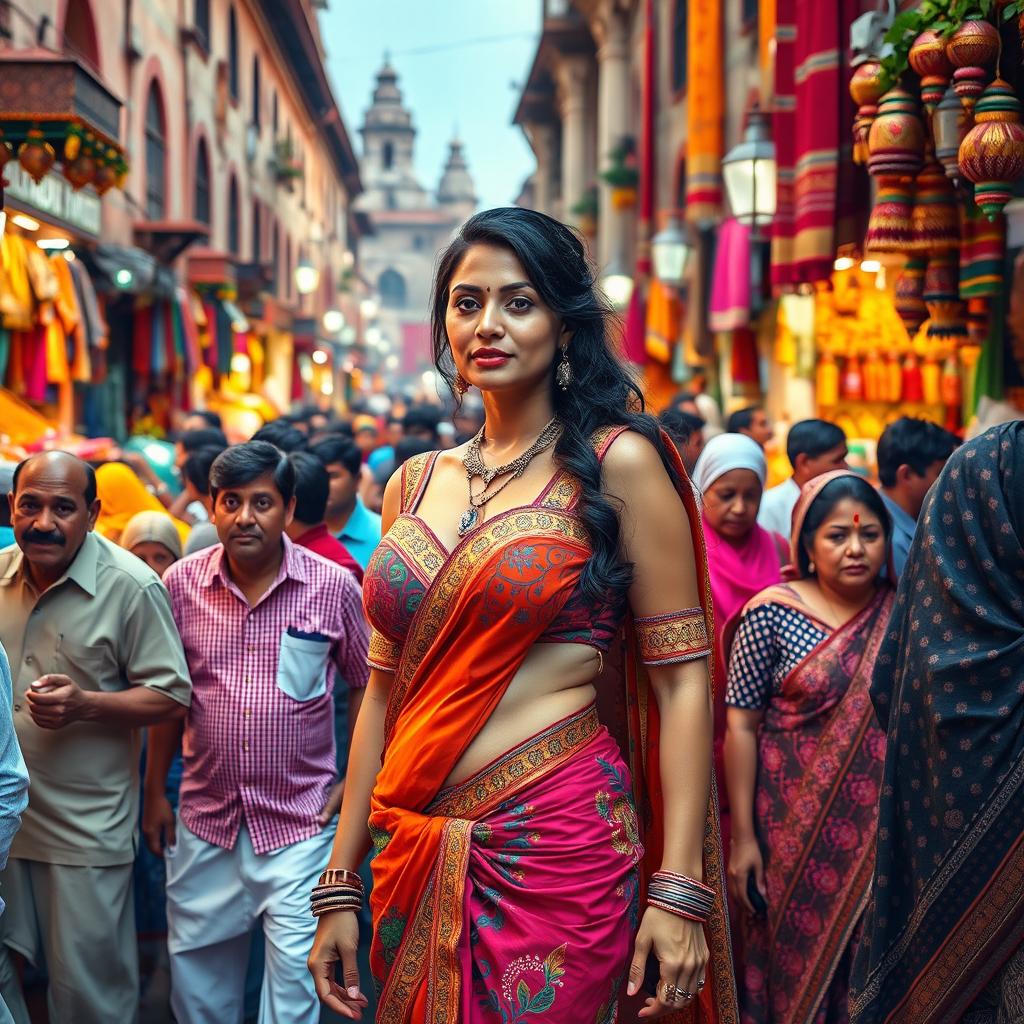 A vibrant and colorful street scene, depicting a bustling crowd in an Indian bazaar