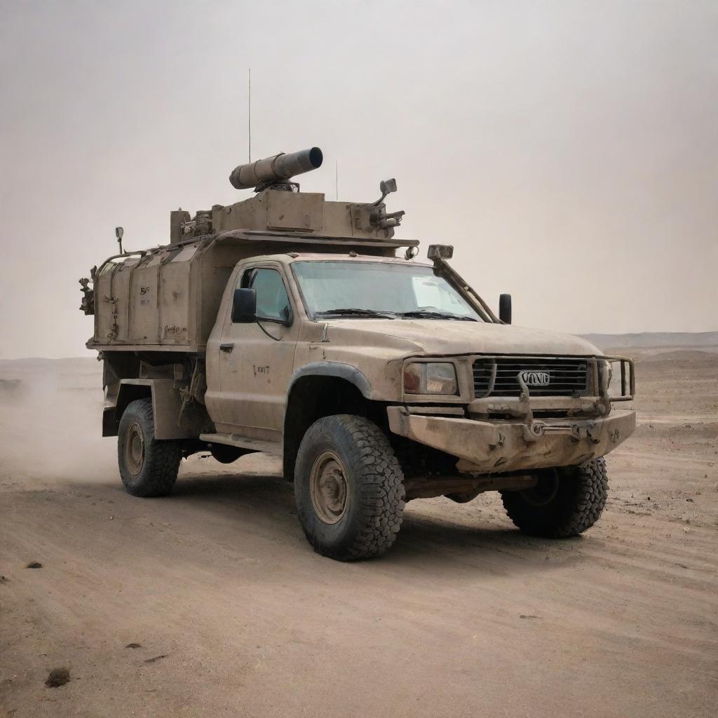 A ruggedly armored pickup truck, equipped with cutting-edge anti-missile weaponry, situated in a dusty, desolate landscape.