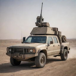 A ruggedly armored pickup truck, equipped with cutting-edge anti-missile weaponry, situated in a dusty, desolate landscape.