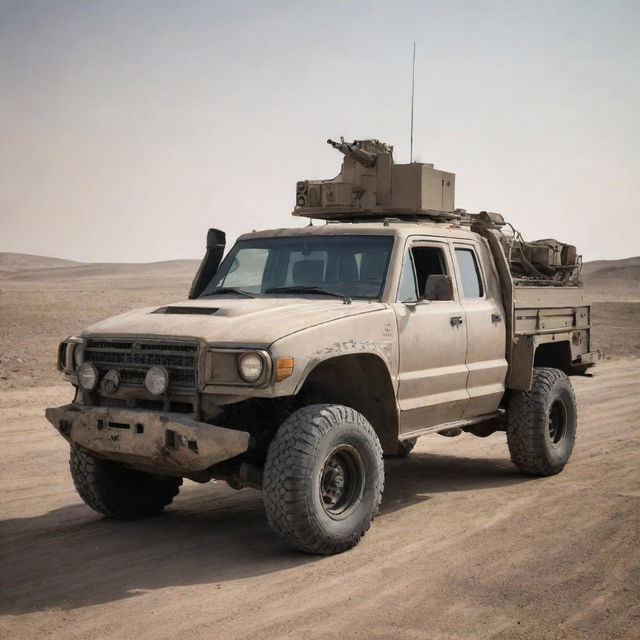 A ruggedly armored pickup truck, equipped with cutting-edge anti-missile weaponry, situated in a dusty, desolate landscape.