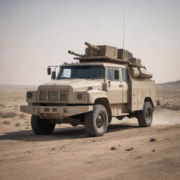 A ruggedly armored pickup truck, equipped with cutting-edge anti-missile weaponry, situated in a dusty, desolate landscape.