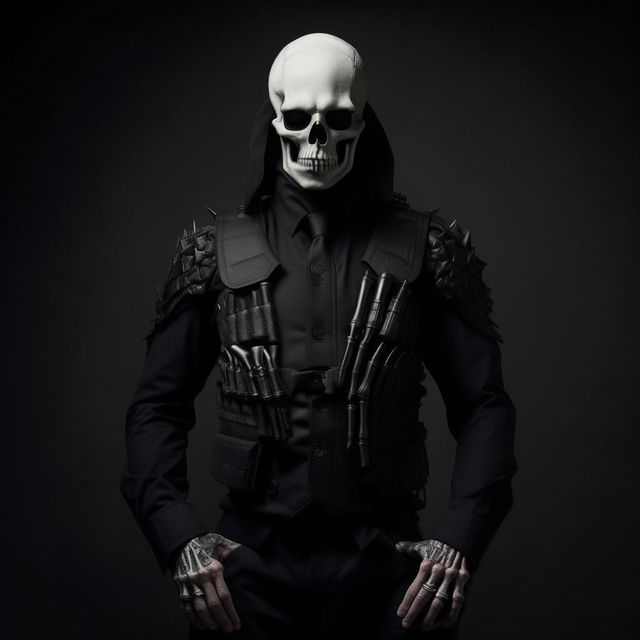 A kidnapper commander draped in a black suit styled like a skeleton, layered with a robust bullet-proof vest, showcasing an eerie and menacing presence.