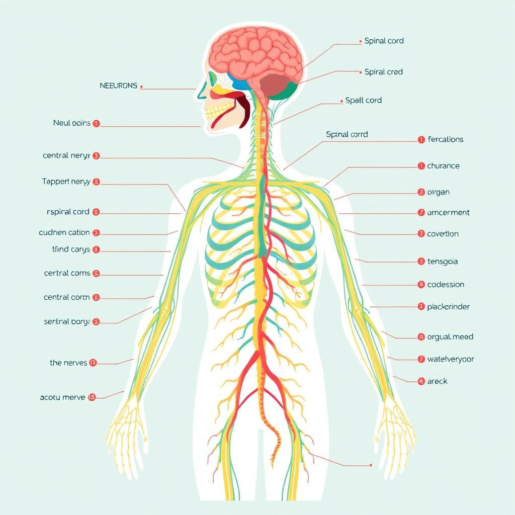 A detailed and educational illustration of the human nervous system, showcasing the central and peripheral nervous systems