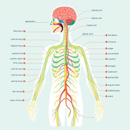 A detailed and educational illustration of the human nervous system, showcasing the central and peripheral nervous systems