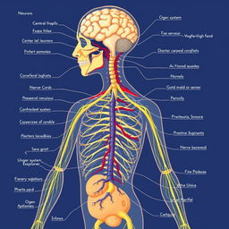 A detailed and educational illustration of the human nervous system, showcasing the central and peripheral nervous systems