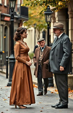 A woman in an elegant vintage dress standing in front of a man in a formal suit, engaged in a conversation with an elderly man dressed in traditional British attire from the early 20th century