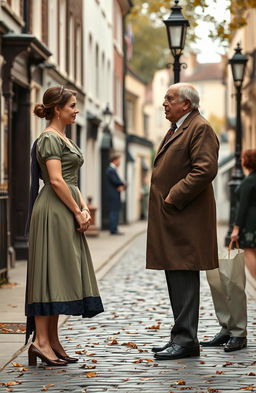 A woman in an elegant vintage dress standing in front of a man in a formal suit, engaged in a conversation with an elderly man dressed in traditional British attire from the early 20th century