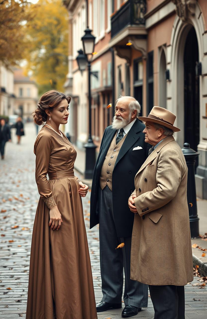 A woman in an elegant vintage dress standing in front of a man in a formal suit, engaged in a conversation with an elderly man dressed in traditional British attire from the early 20th century