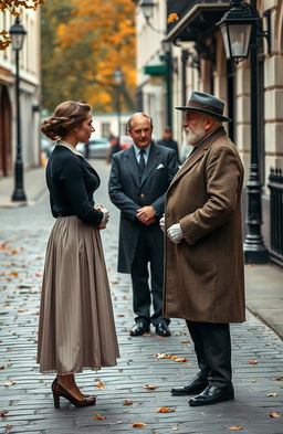 A woman in an elegant vintage dress standing in front of a man in a formal suit, engaged in a conversation with an elderly man dressed in traditional British attire from the early 20th century