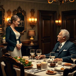 A woman in a stylish dress standing in front of a gentleman in a sharp suit, engaged in a conversation with an elderly man seated at a beautifully set dining table