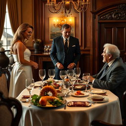A woman in a stylish dress standing in front of a gentleman in a sharp suit, engaged in a conversation with an elderly man seated at a beautifully set dining table