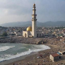 The earthquake triggers a 10-meter high tsunami, creating a scene of panic in the village. Remarkably, the towering mosque withstands the onslaught, standing as a beacon of hope amidst the chaos