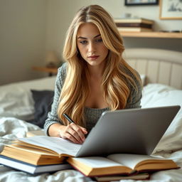 A beautiful blonde woman, with an intelligent and focused expression, studying intently while sitting in bed