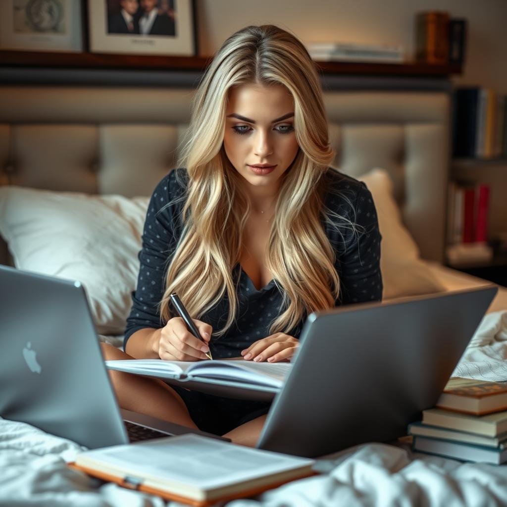 A beautiful blonde woman, with an intelligent and focused expression, studying intently while sitting in bed