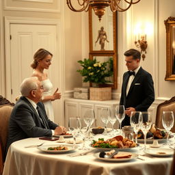 A young woman in a fashionable dress standing in front of a young man in a tailored suit, engaged in a conversation with an elderly man seated at a beautifully set dining table