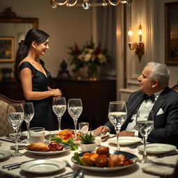 A young woman in a fashionable dress standing in front of a young man in a tailored suit, engaged in a conversation with an elderly man seated at a beautifully set dining table