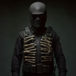 A kidnapper commander draped in a black suit styled like a skeleton, layered with a robust bullet-proof vest, showcasing an eerie and menacing presence.