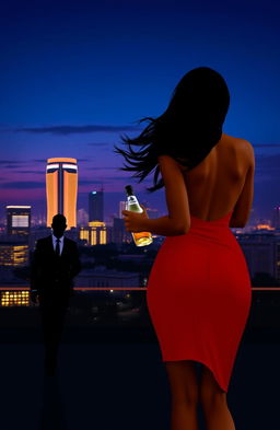 A silhouette of a curvaceous light-skinned woman shown from the back, with flowing black hair, wearing a short, form-fitting, red backless dress