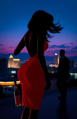 A silhouette of a curvaceous light-skinned woman shown from the back, with flowing black hair, wearing a short, form-fitting, red backless dress