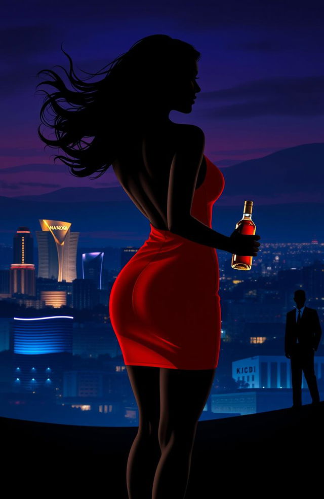 A silhouette of a curvaceous light-skinned woman shown from the back, with flowing black hair, wearing a short, form-fitting, red backless dress