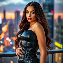 A stunning hot girl clad in a tight shiny black puffer corset that beautifully accentuates her big boobs