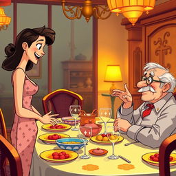 A young woman animatedly standing in front of a young man in a stylish suit, engaged in a lively conversation with an elderly man seated at a richly decorated dining table