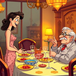 A young woman animatedly standing in front of a young man in a stylish suit, engaged in a lively conversation with an elderly man seated at a richly decorated dining table