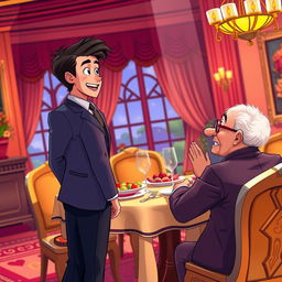 A young woman animatedly standing in front of a young man in a stylish suit, engaged in a lively conversation with an elderly man seated at a richly decorated dining table