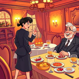 A young woman animatedly standing in front of a young man in a stylish suit, engaged in a lively conversation with an elderly man seated at a richly decorated dining table