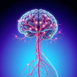 An intricate and detailed illustration of the human nervous system, showcasing the brain, spinal cord, and a network of nerves