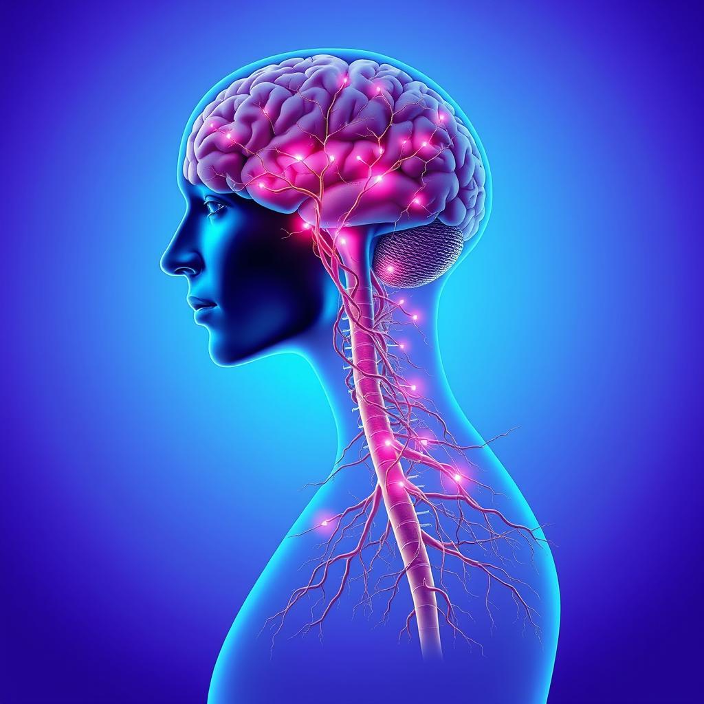 An intricate and detailed illustration of the human nervous system, showcasing the brain, spinal cord, and a network of nerves