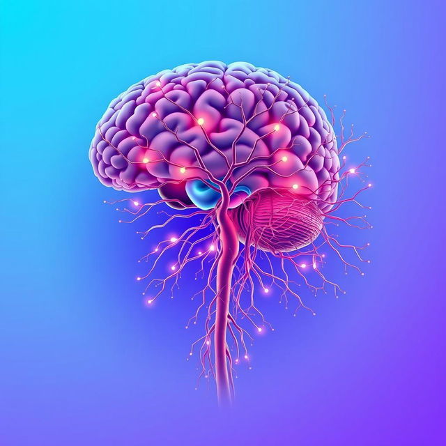 An intricate and detailed illustration of the human nervous system, showcasing the brain, spinal cord, and a network of nerves