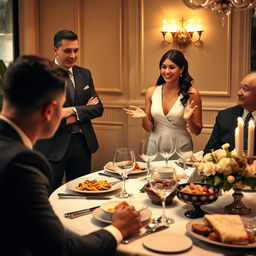 A young woman standing confidently in front of two men dressed in sharp suits, engaged in a lively discussion at a beautifully set dining table