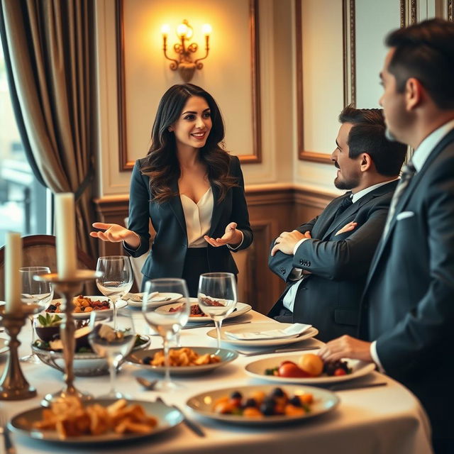 A young woman standing confidently in front of two men dressed in sharp suits, engaged in a lively discussion at a beautifully set dining table